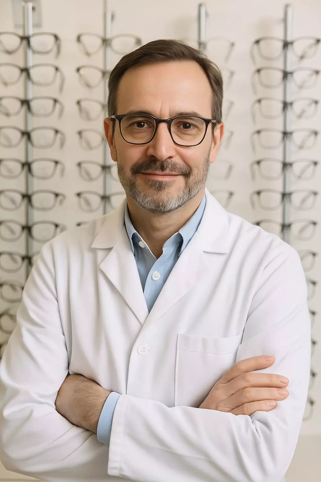 Porträt eines Optikers vor einem Brillenregal.