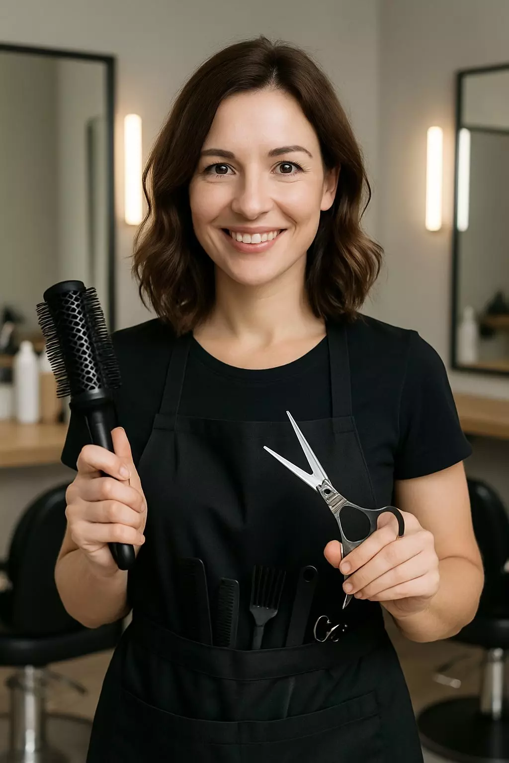 Friseurin mit Schere und Bürste in einem modernen Friseursalon.