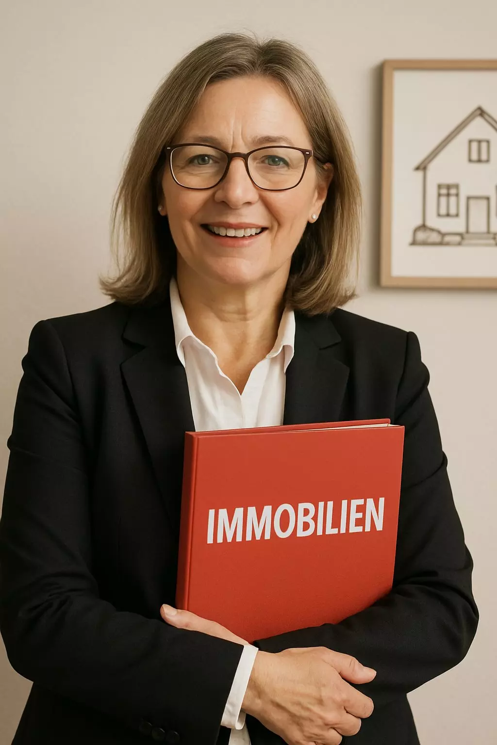 Maklerin mit Immobilien-Unterlagen in der Hand.
