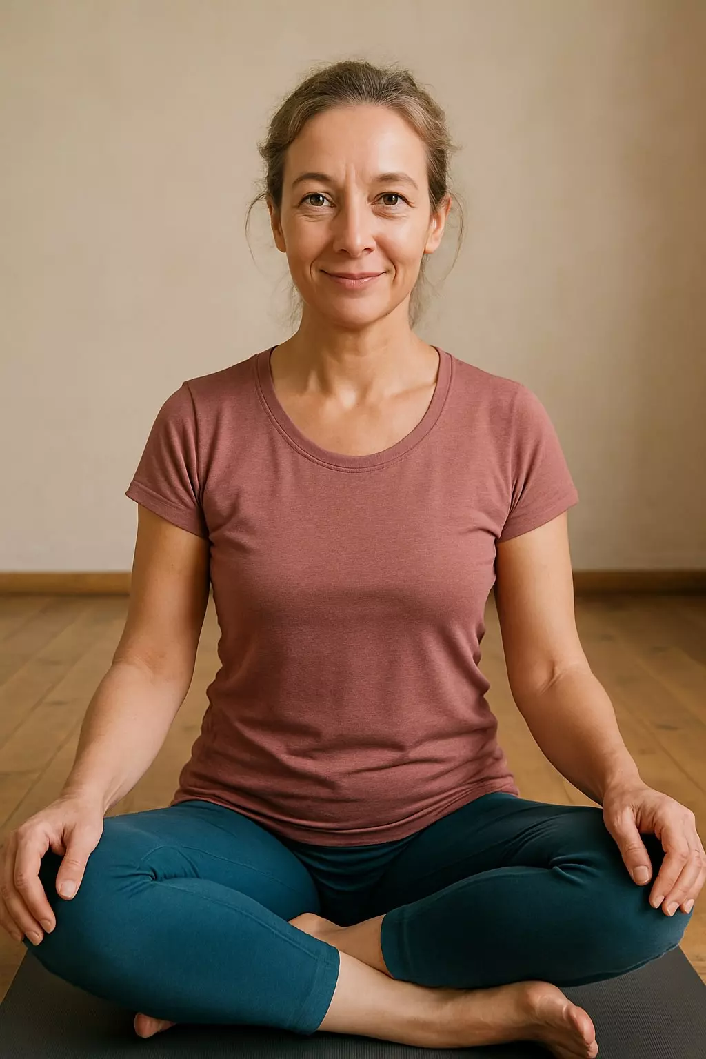 Lächelnde Yoga-Lehrerin im Schneidersitz auf einer Matte.