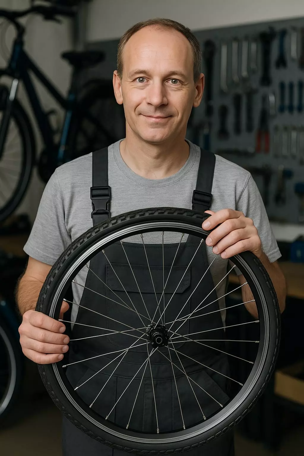 Lächelnder Fahrradmechaniker in Werkstatt hält ein repariertes Laufrad.